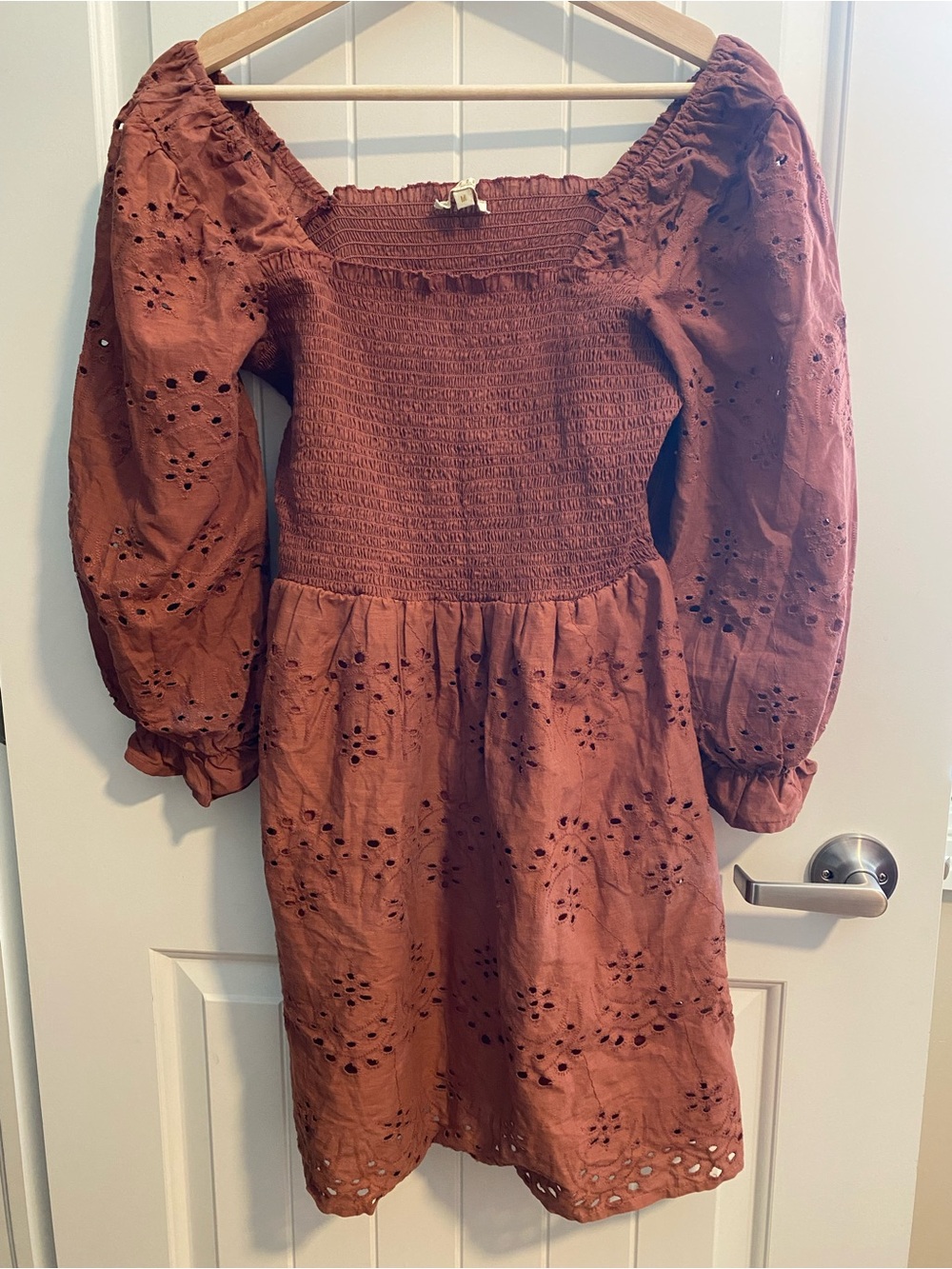 Rust Eyelet Smocked Midi Dress with Puff Sleeves